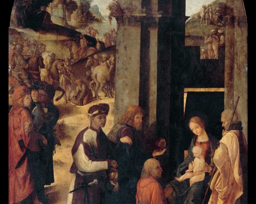 Ludovico Mazzolino, Adorazione dei Magi, c. 1500-02. Avignone, Musée du Petit Palais, deposito del Musée du Louvre, département des peintures