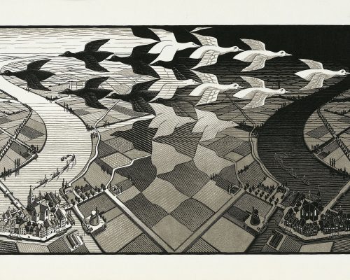 Maurits Cornelis Escher Giorno e notte, 1938 Xilografia, 391x677 mm Collezione M.C. Escher Foundation, Paesi Bassi All M.C. Escher works © 2024 The M.C. Escher Company. All rights reserved