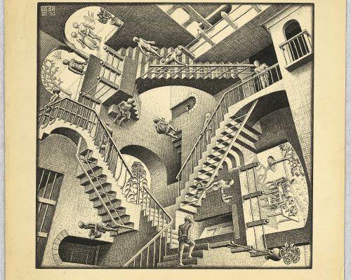 Maurits Cornelis Escher Relatività, 1953 Litografia, 277x292 mm Collezione M.C. Escher Foundation, Paesi Bassi All M.C. Escher works © 2024 The M.C. Escher Company. All rights reserved